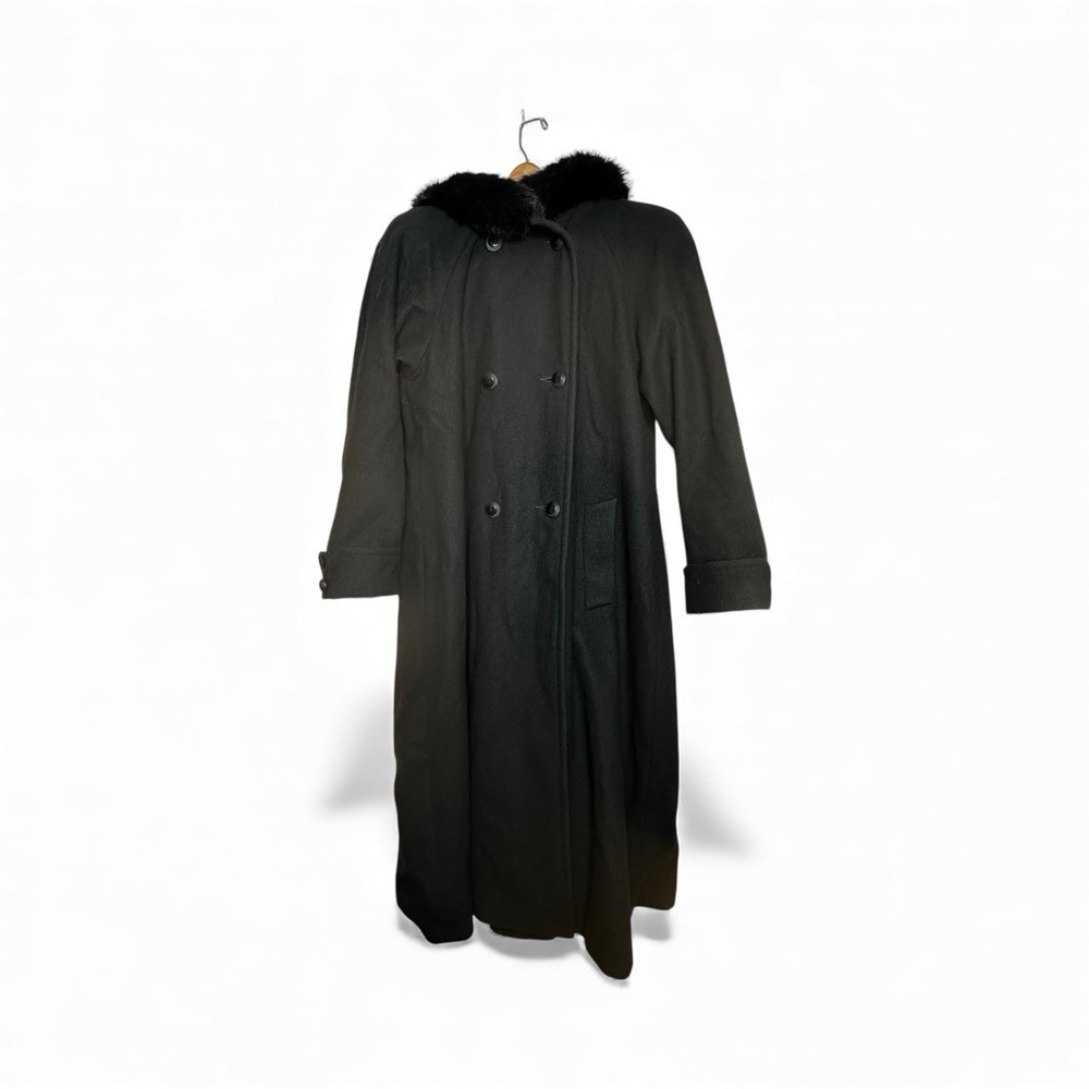 Vintage 90s DONNYBROOK Womens Full Length Wool Hooded Coat Rabbit Fur‎ Trim Hood